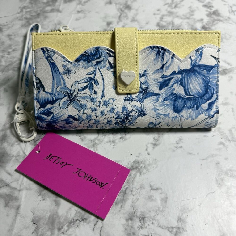BETSEY Johnson XOPIXIE Blue Multi Floral Print Long Strap Bifold Wallet New
